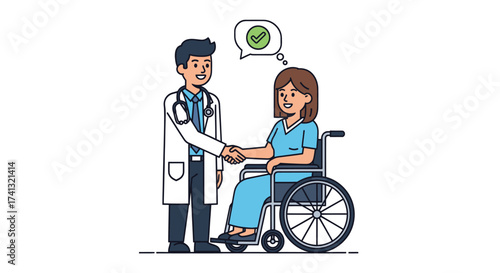 Doctor shaking hands with a female patient in a wheelchair with a checkmark symbol above.