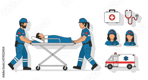 Emergency medical services illustration set featuring paramedics carrying a patient on a stretcher an ambulance and first aid icons.