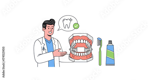Friendly Dentist Character Explaining Oral Hygiene with Dental Model and Tools.