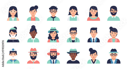 A diverse collection of flat design people avatars and character portraits for user profiles.