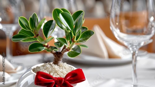 Elegant tabletop arrangement featuring a decorative plant in a glossy white pot with a vibrant red bow, showcasing a beautifully set dining experience with fine glassware