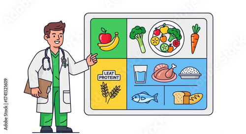 Doctor presenting a balanced diet food chart with various food groups.