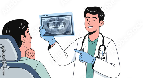 Dentist Explaining Panoramic Dental X-ray to Male Patient.