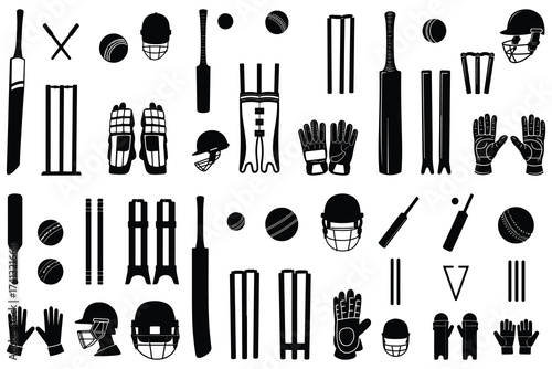 Black silhouette cricket equipment collection sport