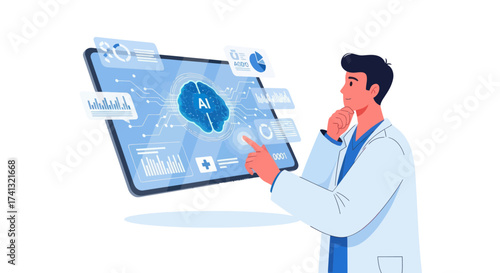 Scientist analyzing AI brain data on a futuristic transparent digital tablet.