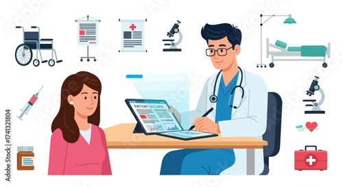 Doctor consulting with a female patient surrounded by medical equipment and symbols.
