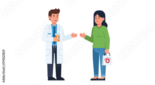 A male doctor in a white lab coat gives medication and advice to a female patient in a cartoon illustration.
