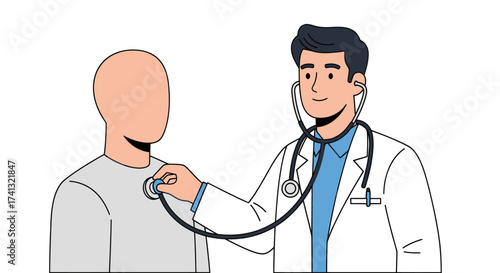 Illustration of a friendly doctor performing a medical check-up on a patient with a stethoscope.