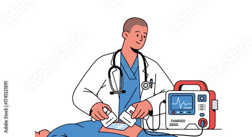 Doctor Using Defibrillator on Patient Medical Emergency Illustration.