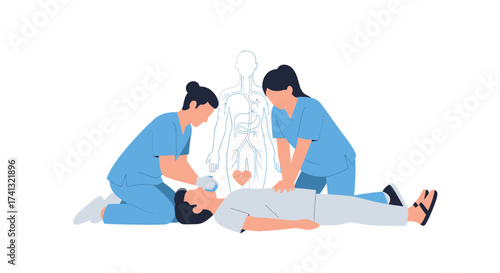 Medical team performing CPR on patient with anatomical skeleton overlay.