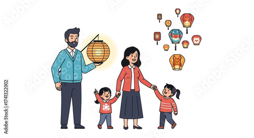 Happy Asian Family Celebrating with Traditional Lanterns.