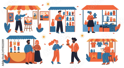 Diverse People Shopping and Selling at Outdoor Market Stalls.