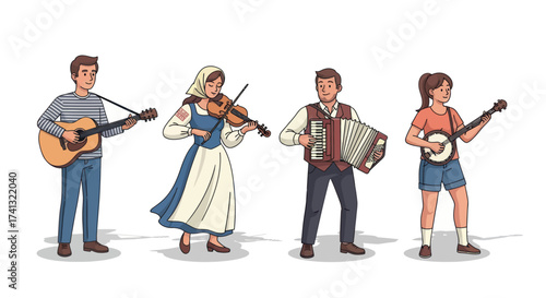 Hand-drawn illustration of a folk music band with guitar violin accordion and banjo players.