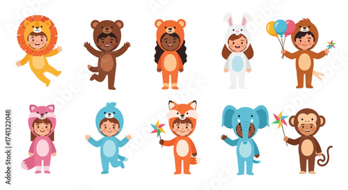 Collection of Children in Animal Costumes: Lion Bear Rabbit Monkey Pig Dolphin Fox Elephant.