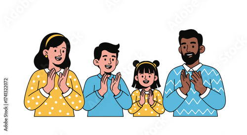 Diverse family of four happily clapping hands together in celebration.