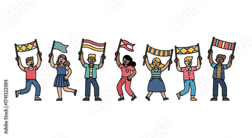 Diverse Group of People Holding Flags in a Parade or Demonstration.
