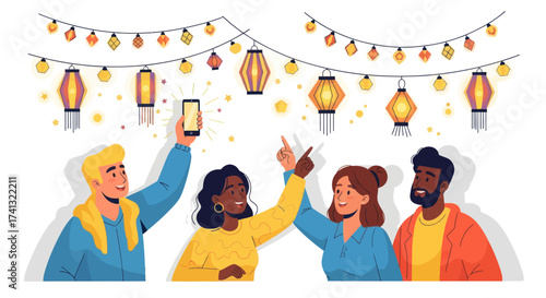Happy multicultural friends taking a selfie under festive string lights and paper lanterns.
