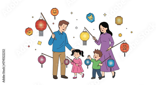 Family Celebrating Mid-Autumn Festival with Colorful Lanterns.