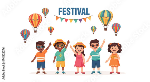 Cheerful Children Celebrating Festival with Colorful Hot Air Balloons.