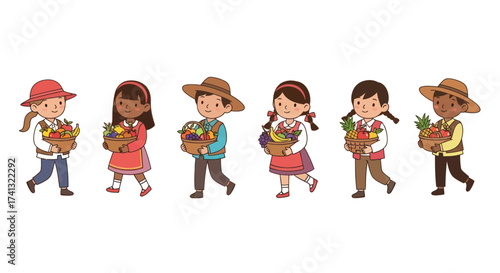 A diverse group of cartoon children in farmer hats carrying baskets of fresh harvest fruits and vegetables.