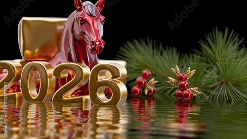 Year horse 2026. Happy new year. Golden 2026 numbers reflect in water, surrounded by a red horse figurine and festive decorations, capturing the essence of New Year celebrations and holiday cheer