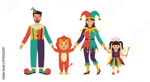 Cheerful family of four in colorful jester lion and fairy costumes.