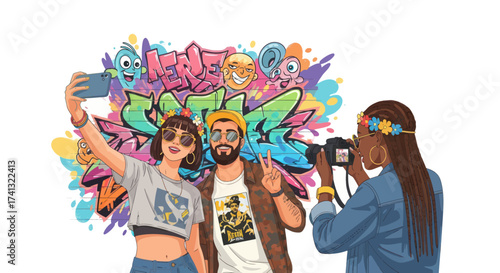 Young people taking selfies and photos in front of vibrant graffiti art.