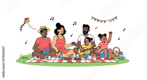 A happy Black family of five enjoying a musical picnic on a red checkered blanket in a park.