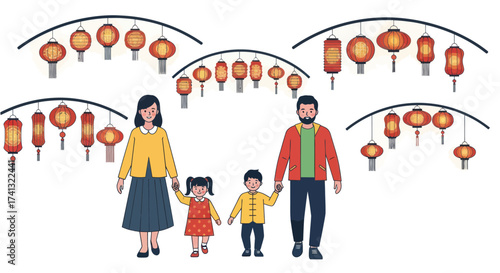 Happy Asian Family Celebrating Under Traditional Chinese Lanterns.
