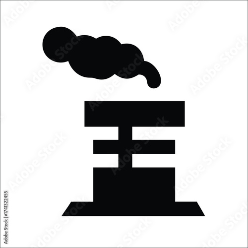 Industrial Chimney Emitting Smoke—Pollution and Power Plant Activity Symbol Vector Illustration. Ideal for presentations, posters, reports, news articles, awareness campaigns, website graphics