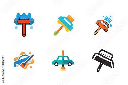 Diverse collection of vibrant car wash equipment icons representing automotive cleaning services and maintenance