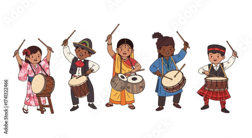 Diverse Children Playing Drums with Drumsticks Joyful Music.