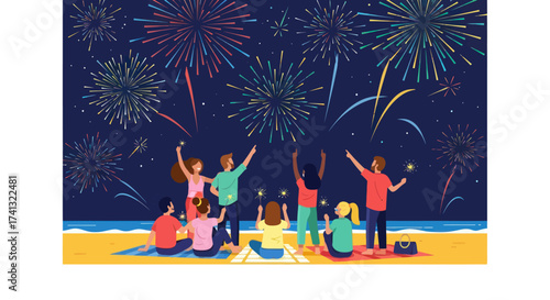 Friends watching vibrant fireworks display on a beach at night celebrating an event.