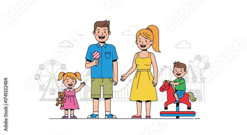 Happy Family of Four Standing Together in Park.