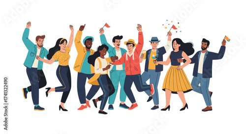 Diverse Group of Cheerful People Celebrating with Joyful Expressions.