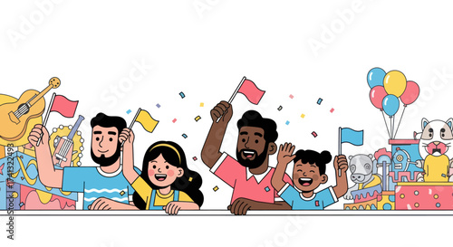 A diverse group of happy families with children waving flags at a festive parade celebration illustration.