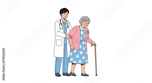 Male doctor in a white coat assisting an elderly woman with a walking cane.