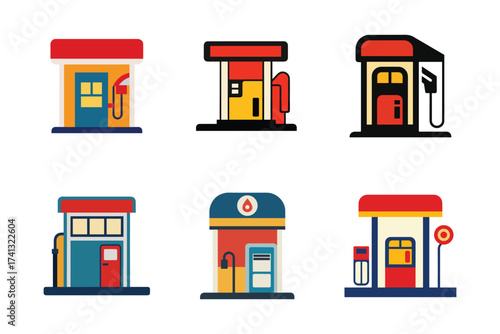 Diverse Set of Gas Station Icons in Bold Colors Representing Fueling and Transportation Services