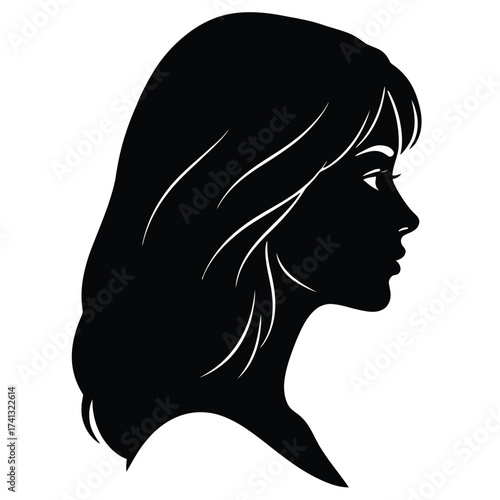 This elegant line art illustration features a woman in profile view, showcasing her flowing hair and facial features. 