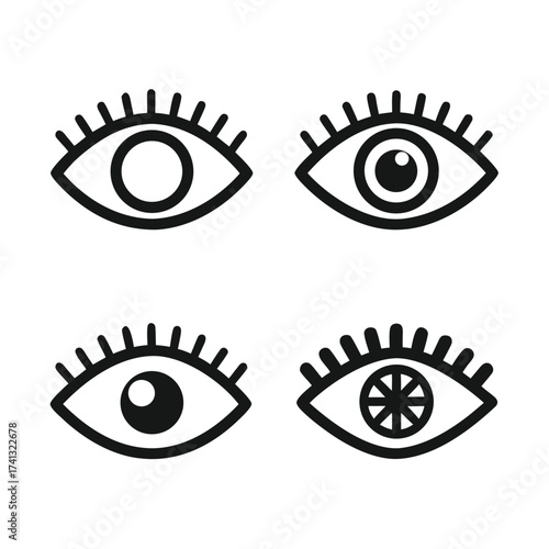 Four black line art eyes with different pupils on white background iris lash
