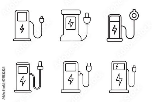 Electric Vehicle Charging Station Icon Set Representing Sustainable Energy and Eco Friendly Transportation Future with White Background