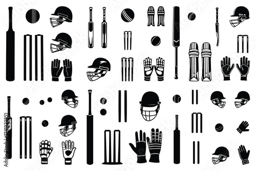 Cricket equipment collection black silhouette icons