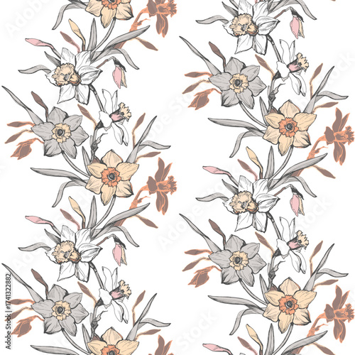 Vector botanical seamless pattern with hand drawn flowers daffodils, narcissus. Light floral elements on whiyte background. Elegant design for textile, fabric, wallpaper, packaging.