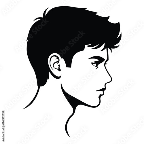 This striking line art illustration features a young man in profile view, showcasing his facial features and hairstyle. 