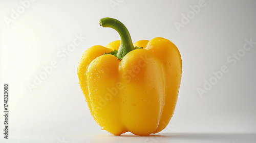  a single yellow bell pepper, the pepper is perfectly ripe and flawless, with a vibrant, glossy, saturated yellow skin and a fresh, crisp green stem, a few delicate, glistening droplets of water