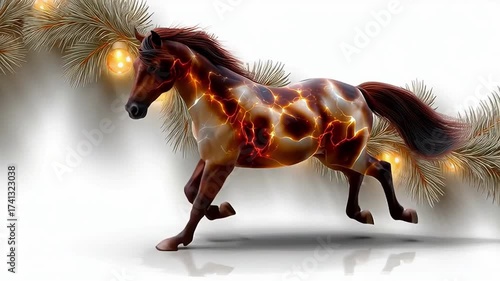 Year horse 2026. Happy new year. Christmas. Majestic horse gallops gracefully through a festive scene adorned with pine branches and twinkling lights, celebrating the joy of the New Year