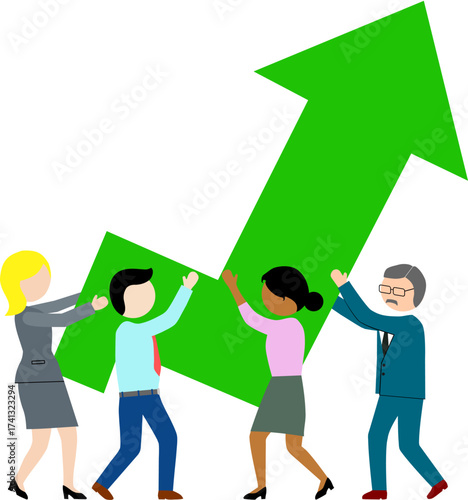 Collaborative Teamwork Driving Business Growth and Success: Diverse Business Team Working Together to Lift an Upward Arrow Representing Success, Leadership, and Corporate Achievement