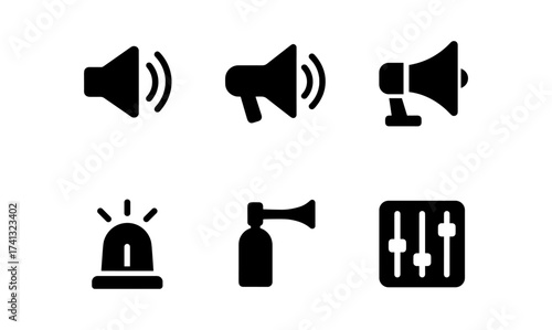 Set of sound icons: speaker, megaphone, alarm, and controls in black silhouette style