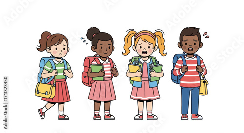 Diverse Group of Elementary School Children with Backpacks and Books.