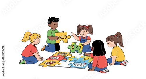 A diverse group of young children playing together with a colorful educational alphabet and number jigsaw puzzle.